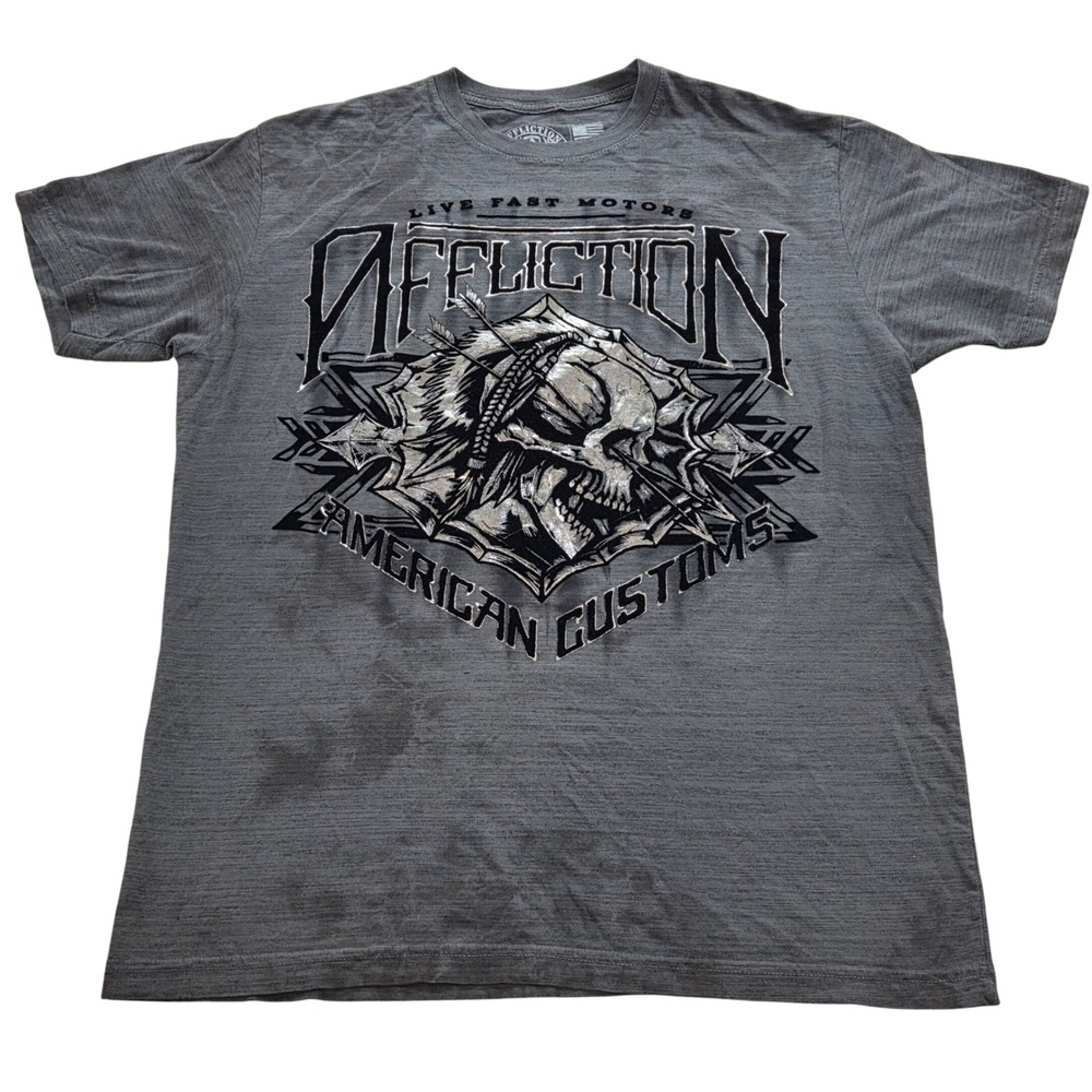 Affliction Live Fast Motors American Customs Metalic Skull T-Shirt Mens XL